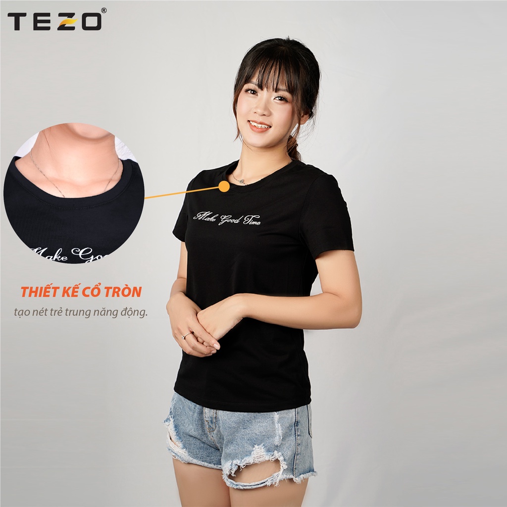 Áo phông nữ TEZO (8 màu) in chữ, chất cotton thấm hút mồ hôi, thoáng mát, áo thun cổ tròn thoải mái vận động 2105APKB03