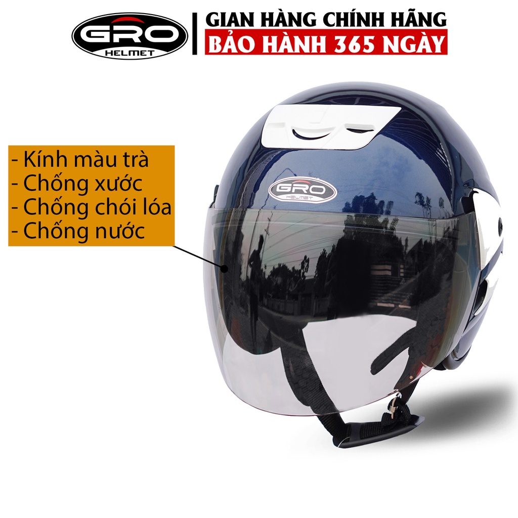 Mũ Bảo Hiểm 3/4 đầu GRO Helmet V2 có kính dài, kiểu dáng trẻ trung cho nam và nữ, khóa kim loại chắc chắn - Xanh Than