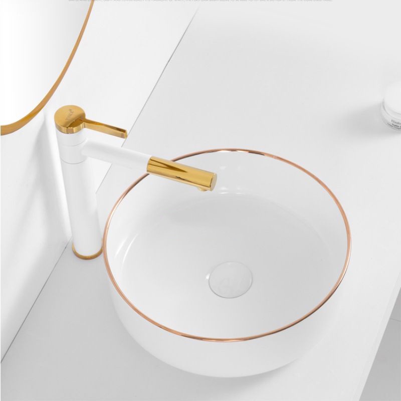 (Kèm 1 cặp dây cấp nước) Vòi bồn rửa mặt nóng lạnh, Vòi Lavabo sơn tính điện Trắng Vàng thiết kế sang trọng, hiện đại