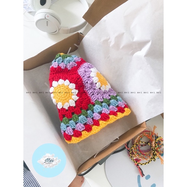 NÓN LEN MÓC HOA CÚC SẮC MÀU- NÓN GRANNY SQUARE RÁP CUTE LẠC LỐI