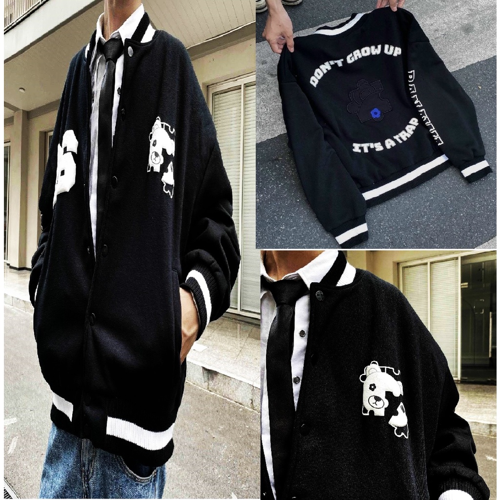 Áo Khoác Bomber Nỉ Thun Form Rộng Nút Gài Unisex - Áo Khoác Nỉ Bóng Chày Form Rộng Nút Gài 26 Unisex