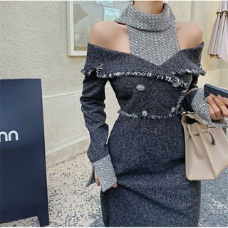 Váy liền dạ hở vai thu đông 2020