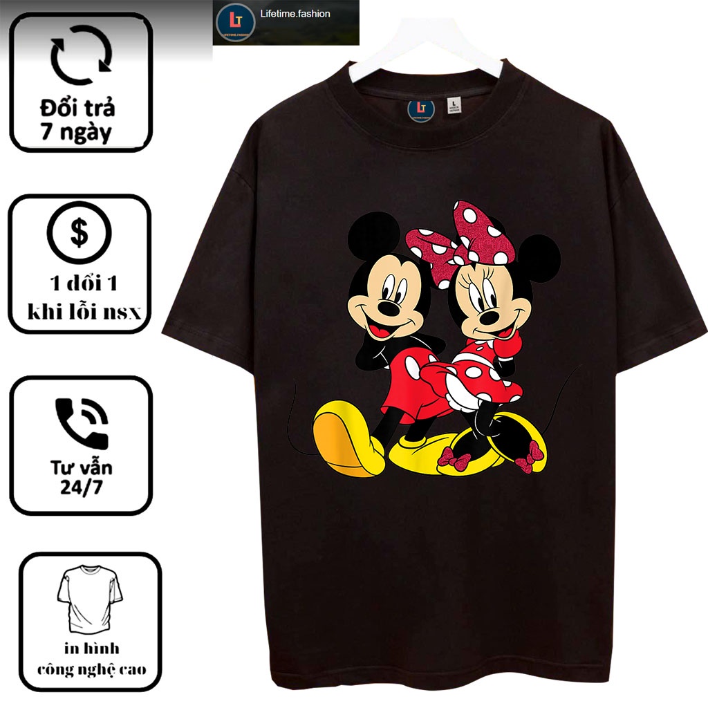 Áo thun nam nữ ngắn tay cotton unisex Lifetime in hình Disney Mickey and Minnie Mouse
