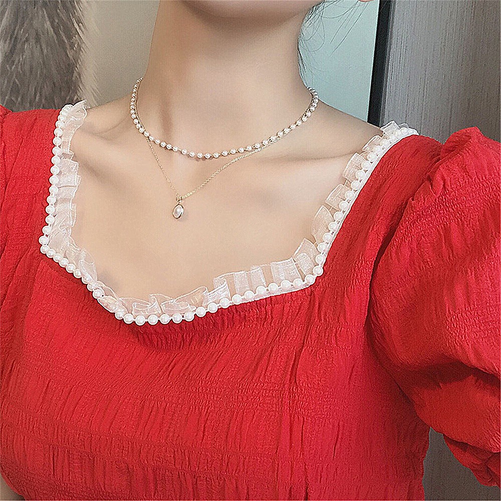 Vòng Cổ Choker Hai Lớp Đính Ngọc Trai Cổ Điển 2021 Thời Trang Mùa Hè Cho Nữ