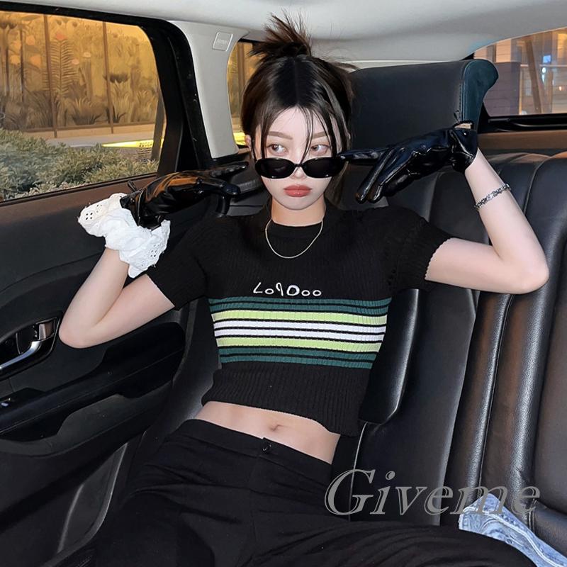 Áo Croptop Dệt Kim Cổ Tròn Tay Ngắn Họa Tiết Kẻ Sọc Thời Trang Mùa Hè Cho Nữ