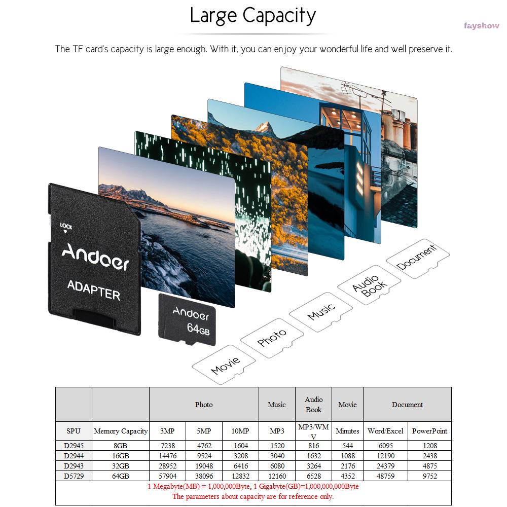 ANDOER Thẻ Nhớ Tf 64gb Class 10 + Adapter Chuyển Đổi Cho Máy Tính / Điện Thoại / Máy Tính