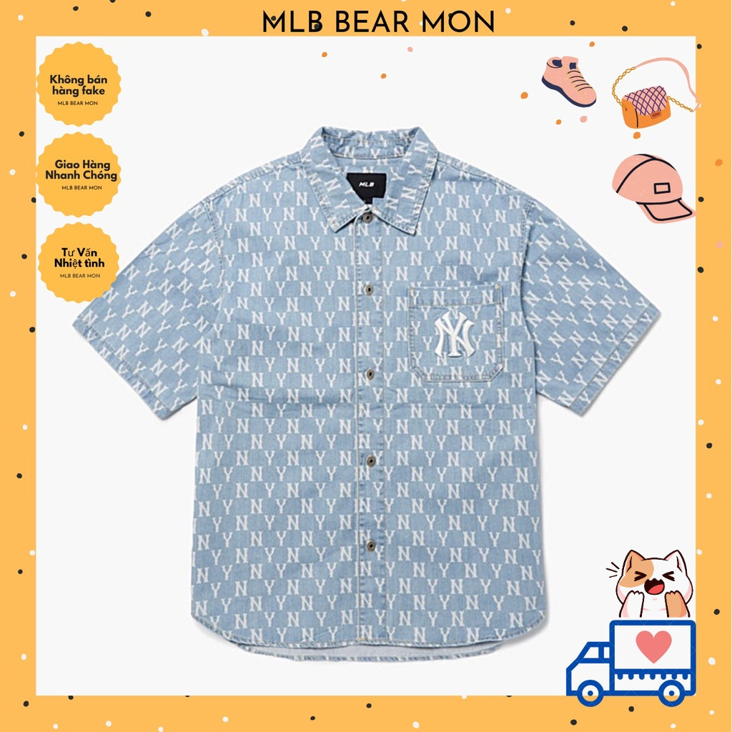 Áo Sơ Mi MLB Classic Monogram Denim Short Sleeve Shirt New York Yankees 3Adrmn123-50Bll Màu Xanh Nhạt