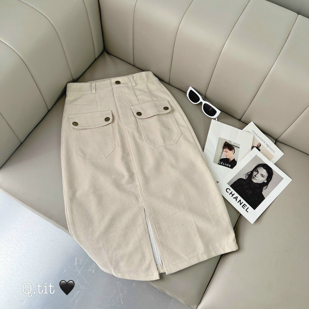 Chân váy nhung tăm dài xẻ tà dáng chữ A siêu hot