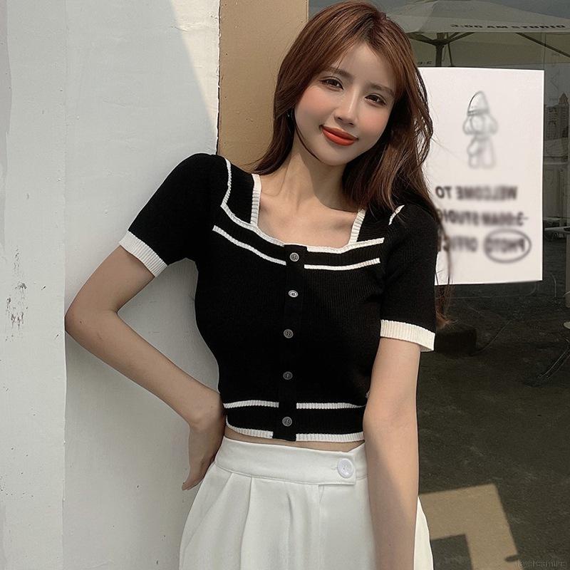 Áo Phông Áo Thun Áo Croptop Dệt Kim Tay Ngắn Cổ Vuông Kiểu Pháp Cổ Điển Phong Cách Mùa Hè Năng Động Dành Cho Nữ