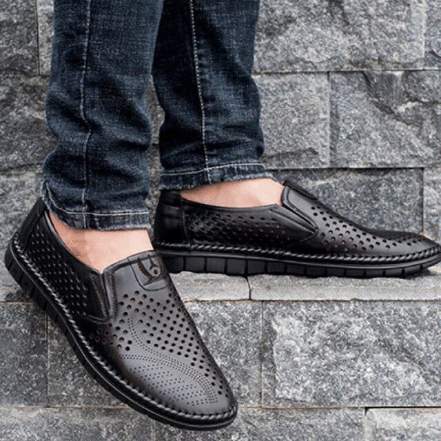 Giày Hè Da Bò Nguyên Tấm- Đục Laze-S01 Đen