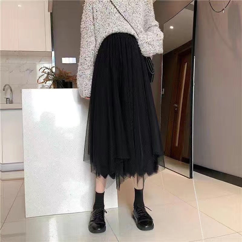 Chân Váy Lưới Dài Vừa Eo Cao Màu Đen Thời Trang Thu Đông Dành Cho Nữ