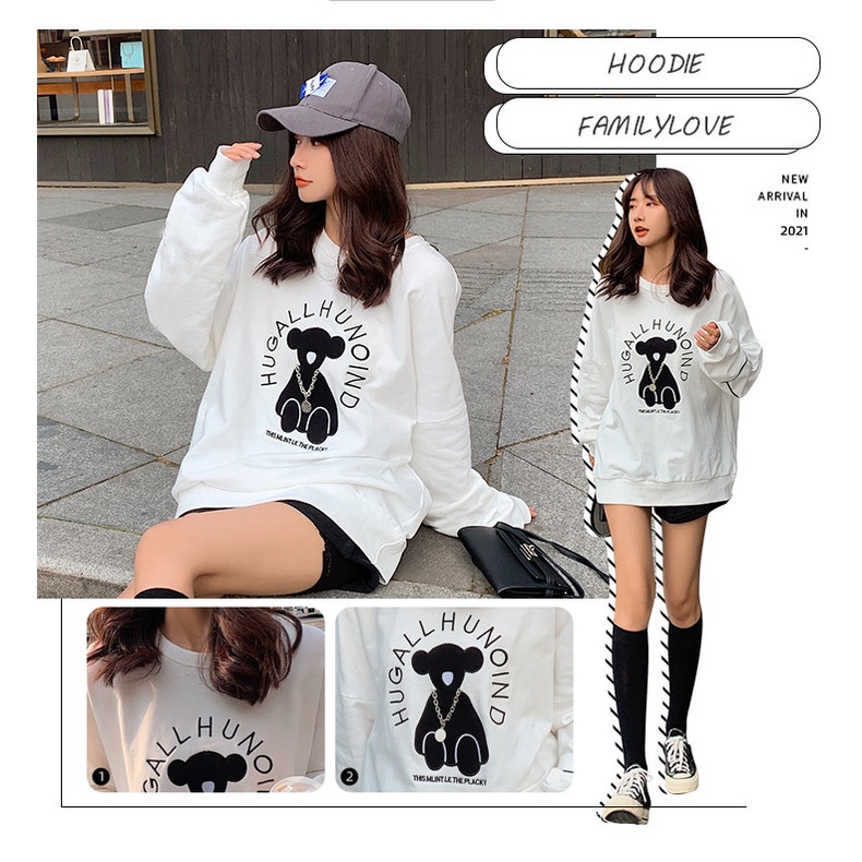 Áo Hoodie Trắng Cotton Nữ Form Rộng Tay Dài Familylove – Set Hình Gấu Ulzzang