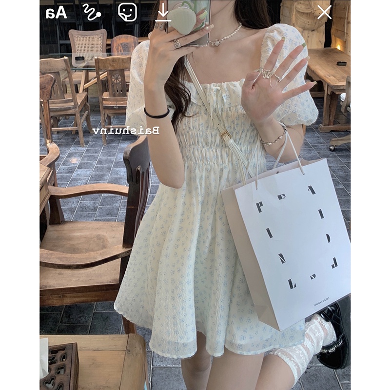 Váy trắng chông chúa đầm hoa nhí tiểu thư dáng ngắn nhẹ nhàng Firstdateclothing