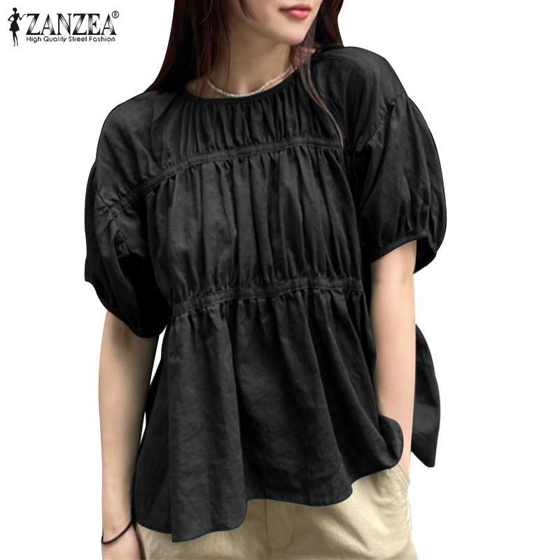 Áo kiểu Zanzea tay phồng cổ tròn xếp ly thời trang cho nữ