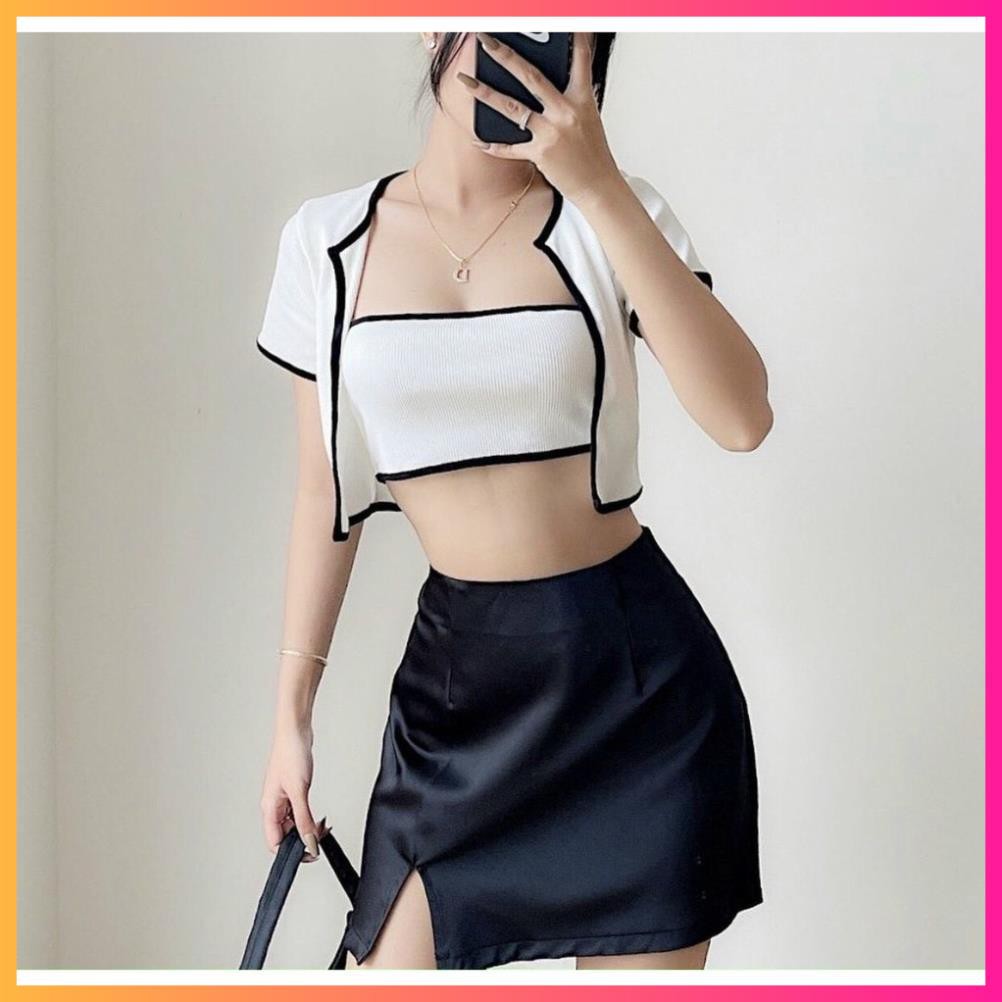 Set áo ống kèm áo khoát viền ĐEN TRẮNG, set áo croptop kèm áo khác thun co giãn - MOONMY | BigBuy360 - bigbuy360.vn
