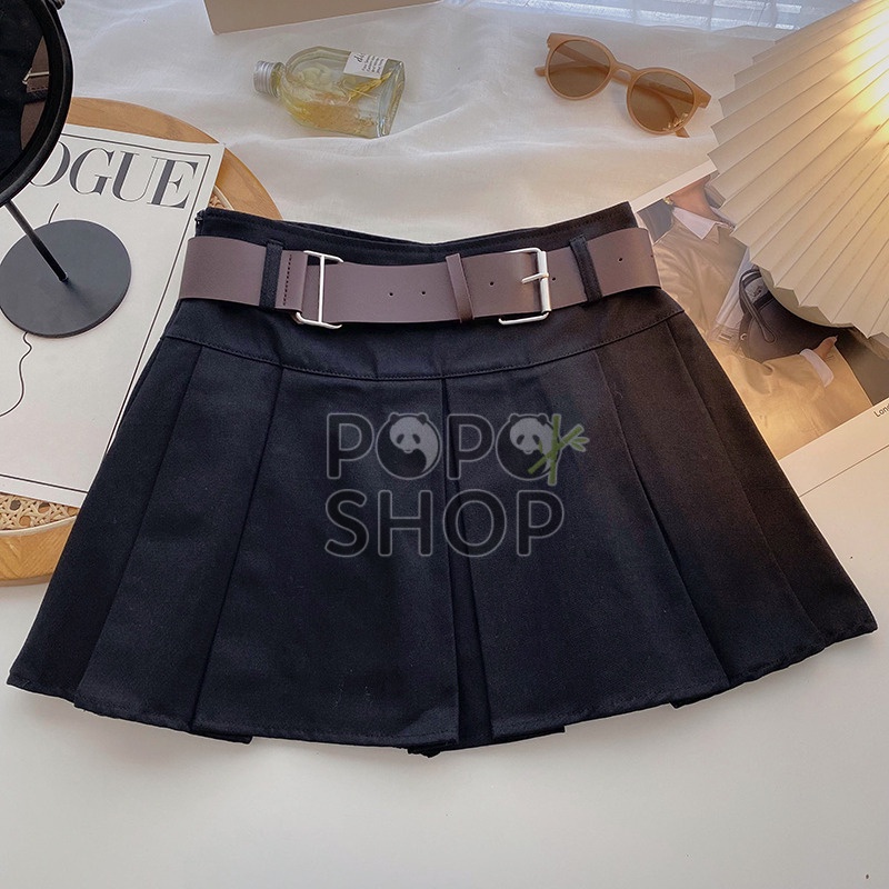 Chân váy xếp ly dáng chữ A màu nâu tặng kèm đai phong cách retro