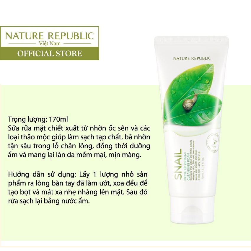 Sữa rửa mặt NATURE REPUBLIC Fresh Herb Snail Cleansing Foam 170ml | BigBuy360 - bigbuy360.vn