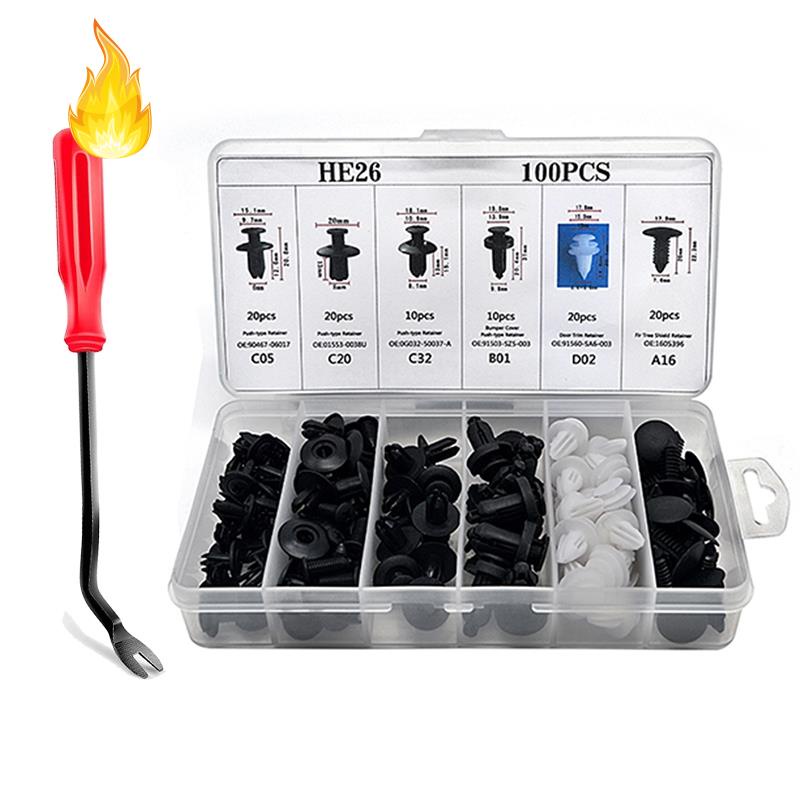 FENDER Set 100 đinh tán nhựa kèm dụng cụ tháo gỡ cho xe hơi Honda Ford Chrysler Toyota