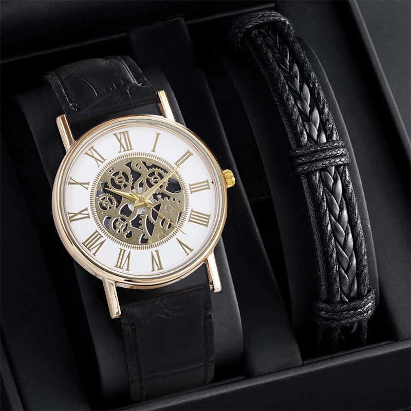 【Đồng hồ + Vòng đeo tay】 Đồng hồ nam Đồng hồ nam dây da Analog Quartz Watch