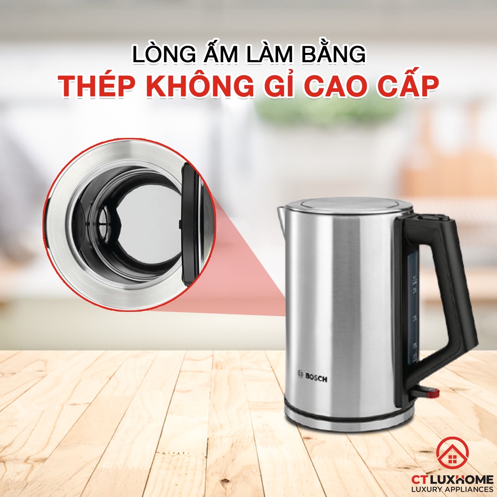 Ấm đun nước siêu tốc Bosch TWK7101GB dung tích 1.7L - 3000W - Thép không gỉ - Tấm lọc cặn vôi Limescale