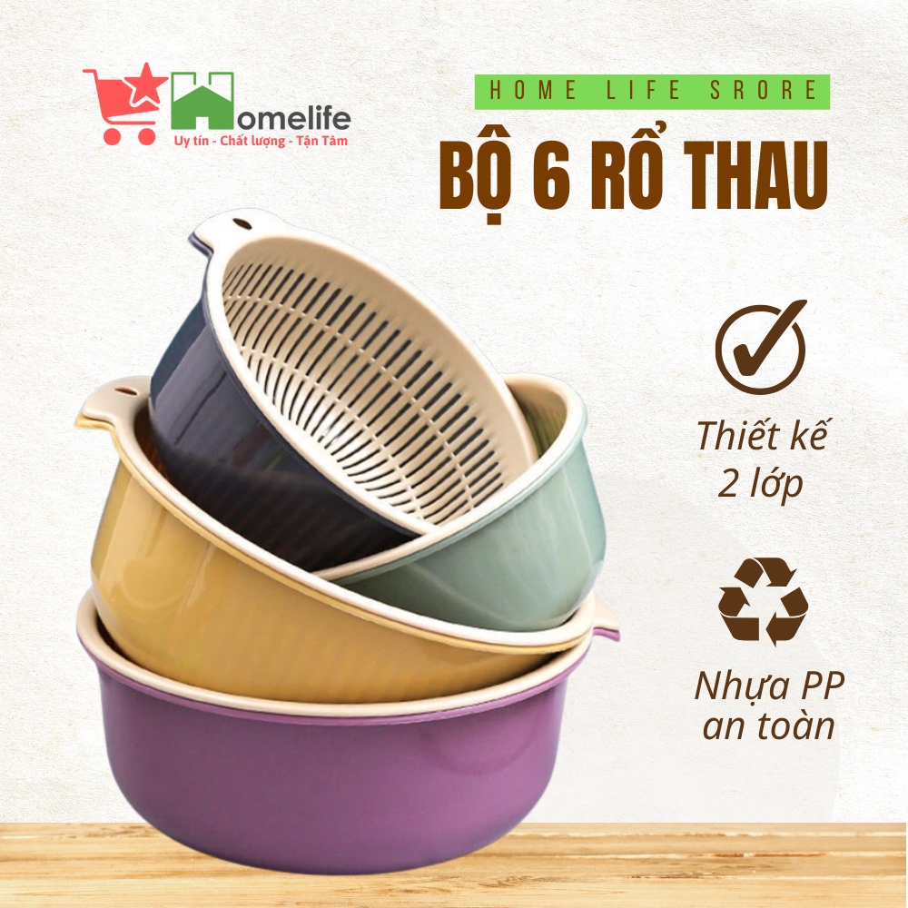 Bộ Rổ Nhựa Tròn 6 Món kèm Thau Rửa Cao Cấp ,Tiện Dụng