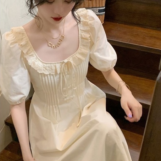 [MURIOKI] Đầm Công Chúa Cổ Vuông Phối Ren Màu Trắng Phong Cách Pháp Thời Trang 2022 Sang Trọng Cho Nữ