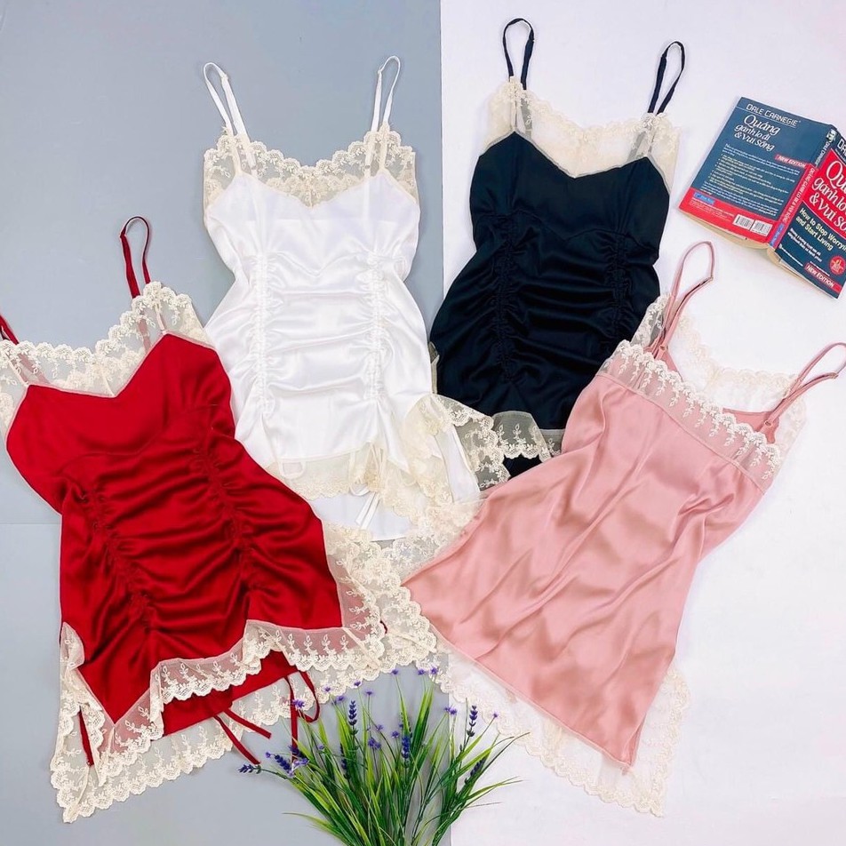 Váy ngủ lụa sexy xẻ tà rút dây bánh bèo gợi cảm