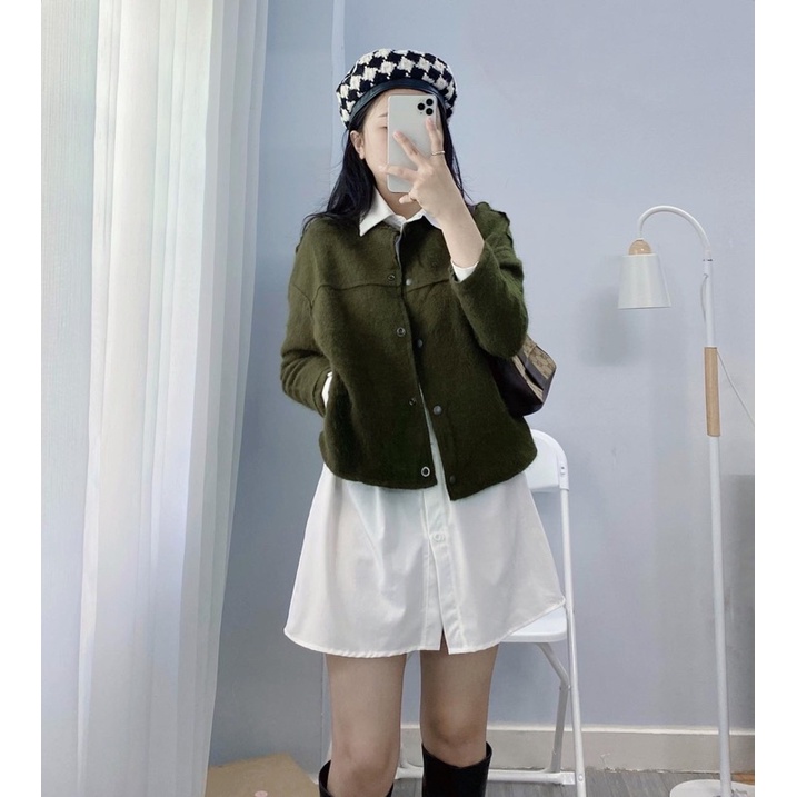 Áo khoác dạ tweed cổ tròn tay dài màu xanh rêu mùa Thu Đông