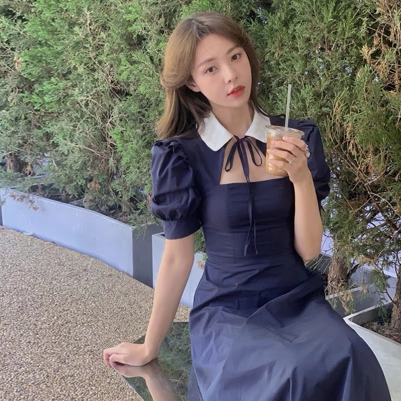 Váy phối cổ cut out bèo vai thắt dây cổ xinh vintage đủ size S M L Huyen hip