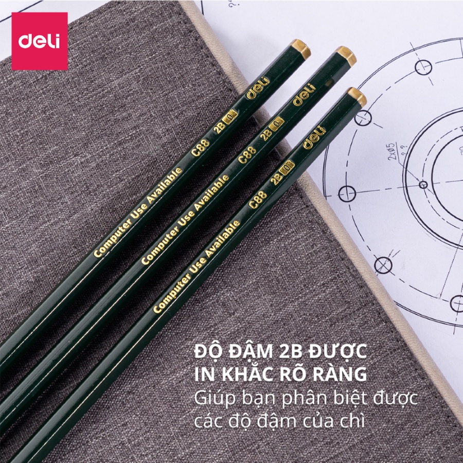 Bộ 12 bút chì gỗ học sinh Deli - phù hợp với dùng trong thi cử, quét máy chấm thi sử dụng trong trường học, văn phòng