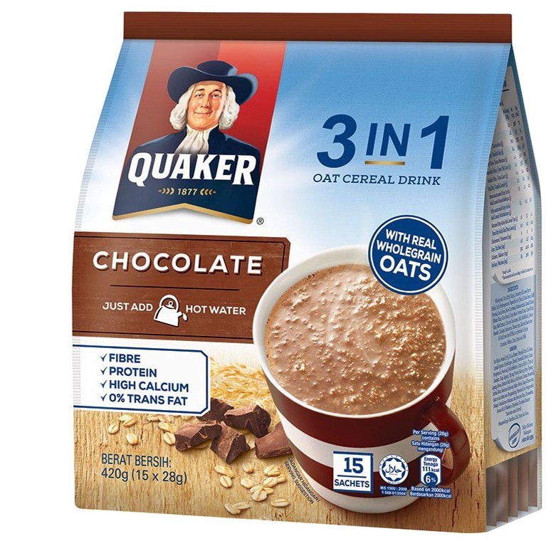 Thức uống yến mạch Qua-ker Oats 3 in 1 Vị Chocolate Gói 420g | BigBuy360 - bigbuy360.vn