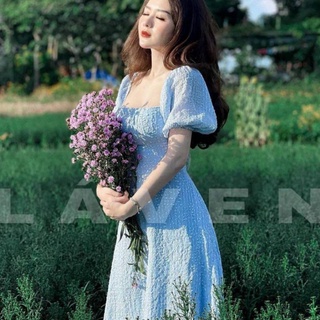 Đầm maxi đi biển hở lưng, váy maxi xanh cổ vuông tay phồng sexy, váy nữ đi chơi