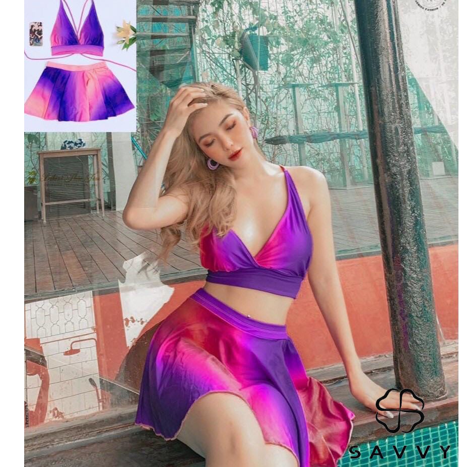 Bikini Hoạ Tiết Loang Tím Hồng ( Sét Yếm và Váy Quần) -SAVVY shop - Cam sáng