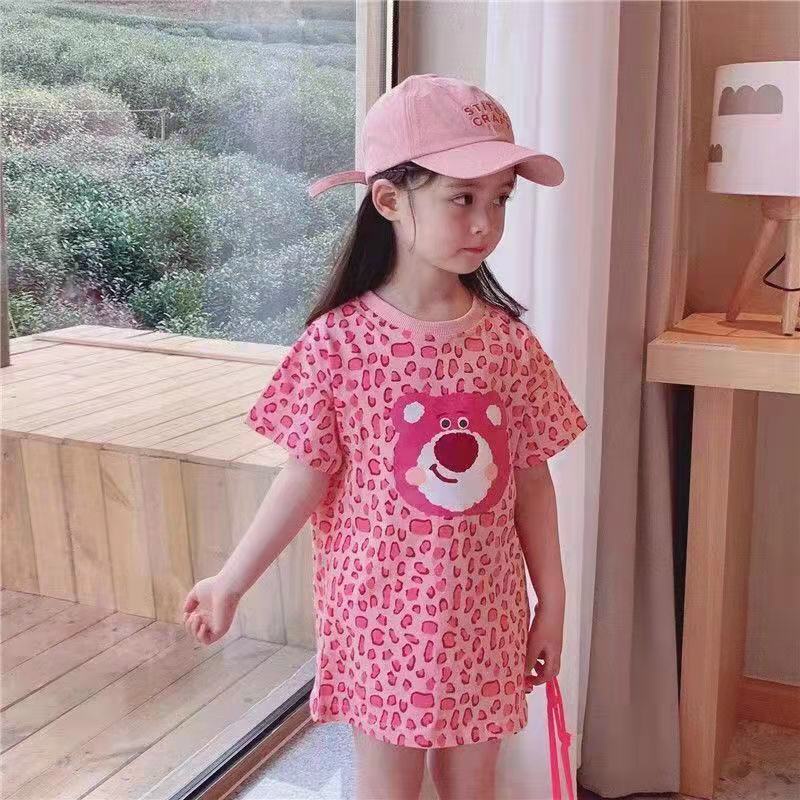 [Kacily]Bé gái mặc váy họa tiết hoạt hình Bé gái mặc áo phông họa tiết gấu hồng 1-9 tuổi