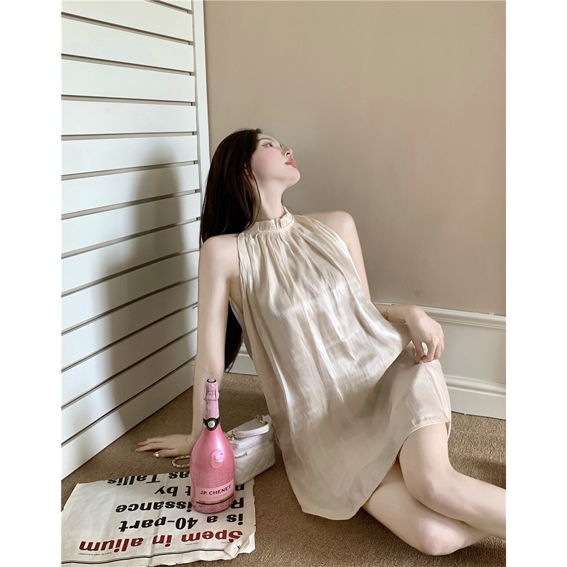Đầm Chữ A Không Tay Cổ Tròn Bằng Vải Satin Thiết Kế Đơn Giản Phong Cách Hàn Quốc Thời Trang Mùa Hè Hàng Mới Dành Cho Bạn Nữ