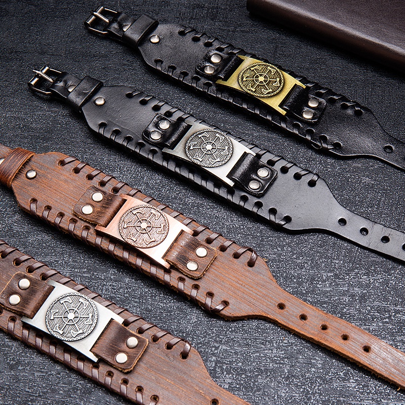 Vòng Tay Dây Da Bện Mặt Kim Loại Khắc Hình La Bàn Phong Cách Bắc Âu Thời Trang Cho Nam