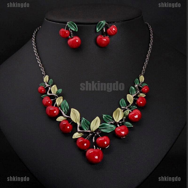 Bộ dây chuyền + hoa tai hình trái cherry đỏ xinh xắn cho nữ