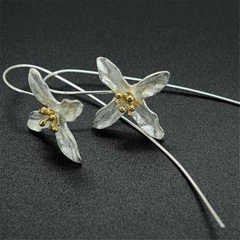 Bông Tai Mạ Vàng / Bạc 925 Họa Tiết Hoa Phong Cách Dân Tộc Thời Trang E144