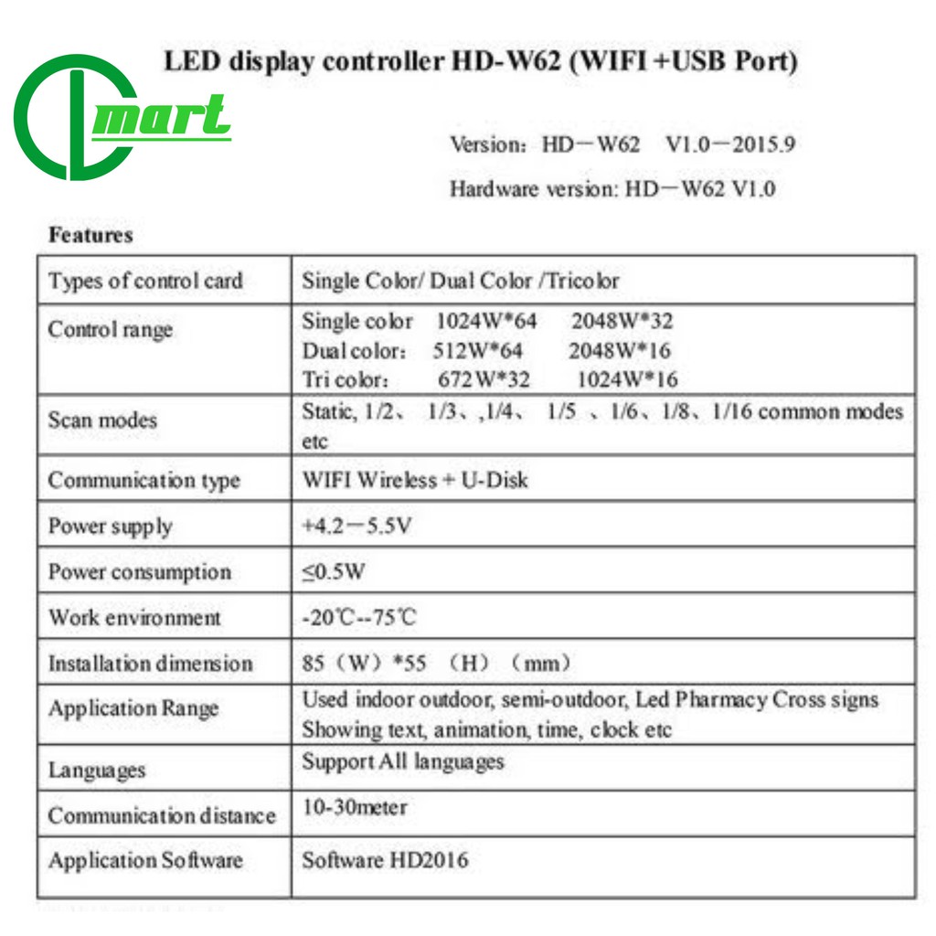 Card điều khiển led ma trận HD w62 _Wifi_USB (4 tầng module)