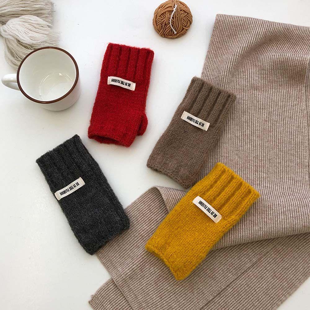 Găng Tay Len Hở Ngón Giữ Ấm Màu Trơn Cho Nữ