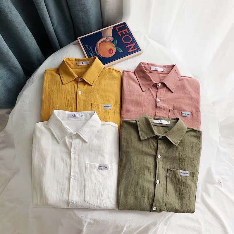Áo sơ mi nam vải thô màu vàng hồng trắng xanh rêu style Hàn Quốc | BigBuy360 - bigbuy360.vn