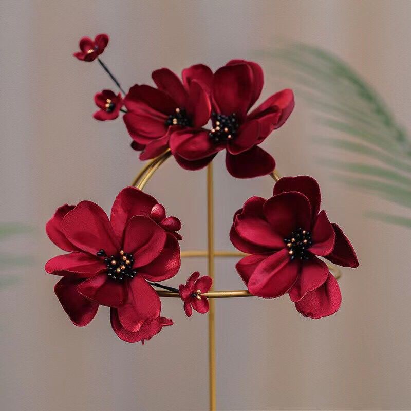 [Aishang Đẹp Mắt] Phụ Kiện Tóc Tết Hoa Đỏ Rượu Phụ Kiện Tóc Đuôi Ngựa Satin Cho Cô Dâu Ngày Cưới Cô Dâu