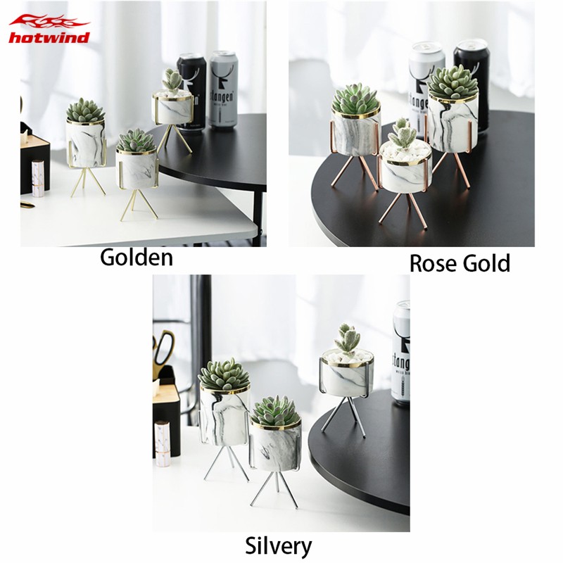 Chậu gốm in vân cẩm thạch trồng cây sen đá kèm giá đỡ kim loại phong cách Bắc Âu trưng bày trang trí nhà cửa