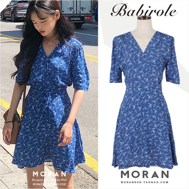 Váy hoa MORAN màu xanh thắt eo cổ V (ORDER) - Có ảnh thật