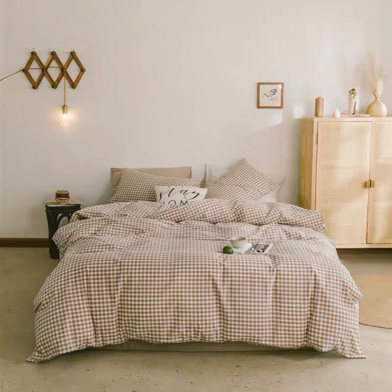 Decor phòng ngủ vintage Combo chăn ga gối Cotton kẻ caro be nâu nhạt trang trí giường tầng Chato Bedding