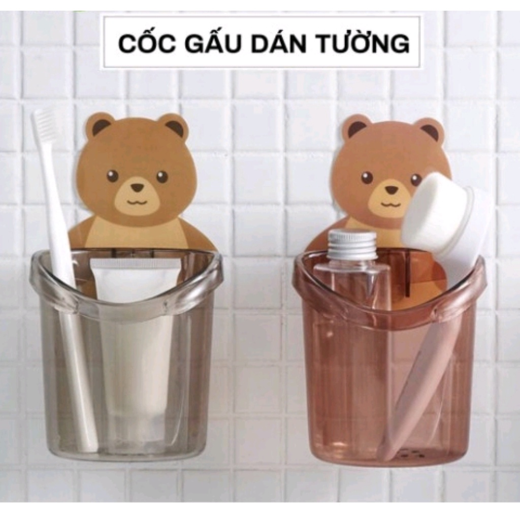 [ TẶNG MÓC DÁN] Cốc gấu dán tường đựng bàn chải đánh răng, cốc gấu nâu đựng kem đánh răng