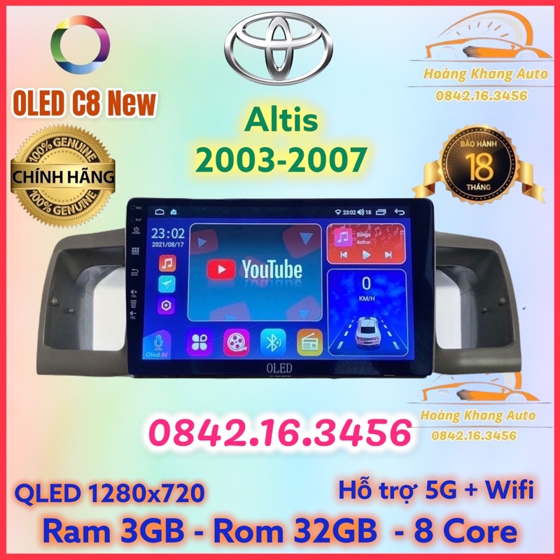 Màn hình android OLED C8 New theo xe Altis 2003 - 2007  kèm dưỡng và jack nguồn zin theo xe