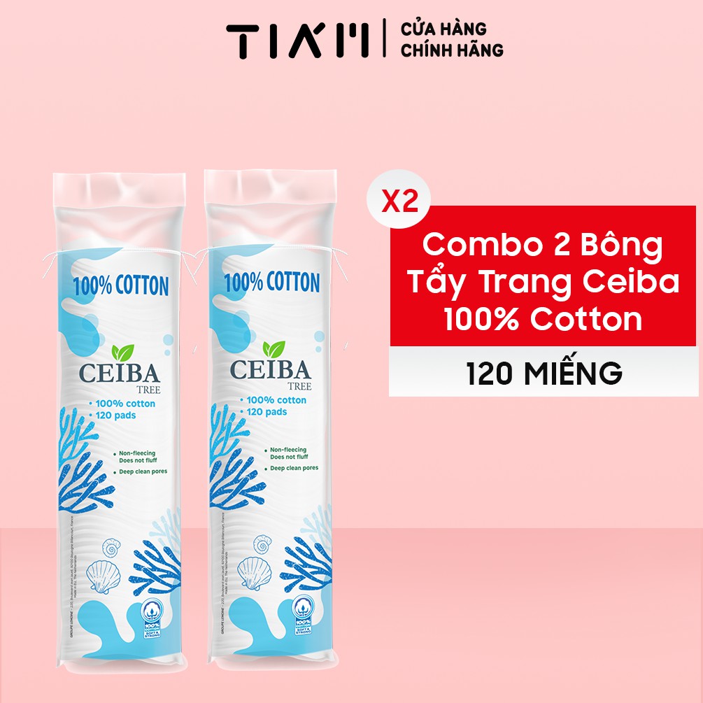 Combo 2 Bông Tẩy Trang Ceiba Cotton Siêu Tiết Kiệm Dung Dịch 120 Miếngx2