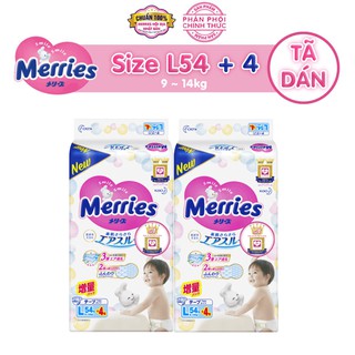 Combo 2 Tã/bỉm dán Merries size L - 54 + 4 miếng (Cho bé dưới 9-14 kg)