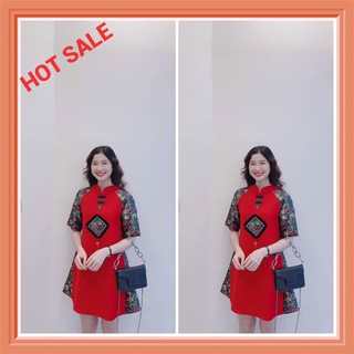 Đầm suông đỏ mặc tết, áo dài mặc tết gấm cao cấp
